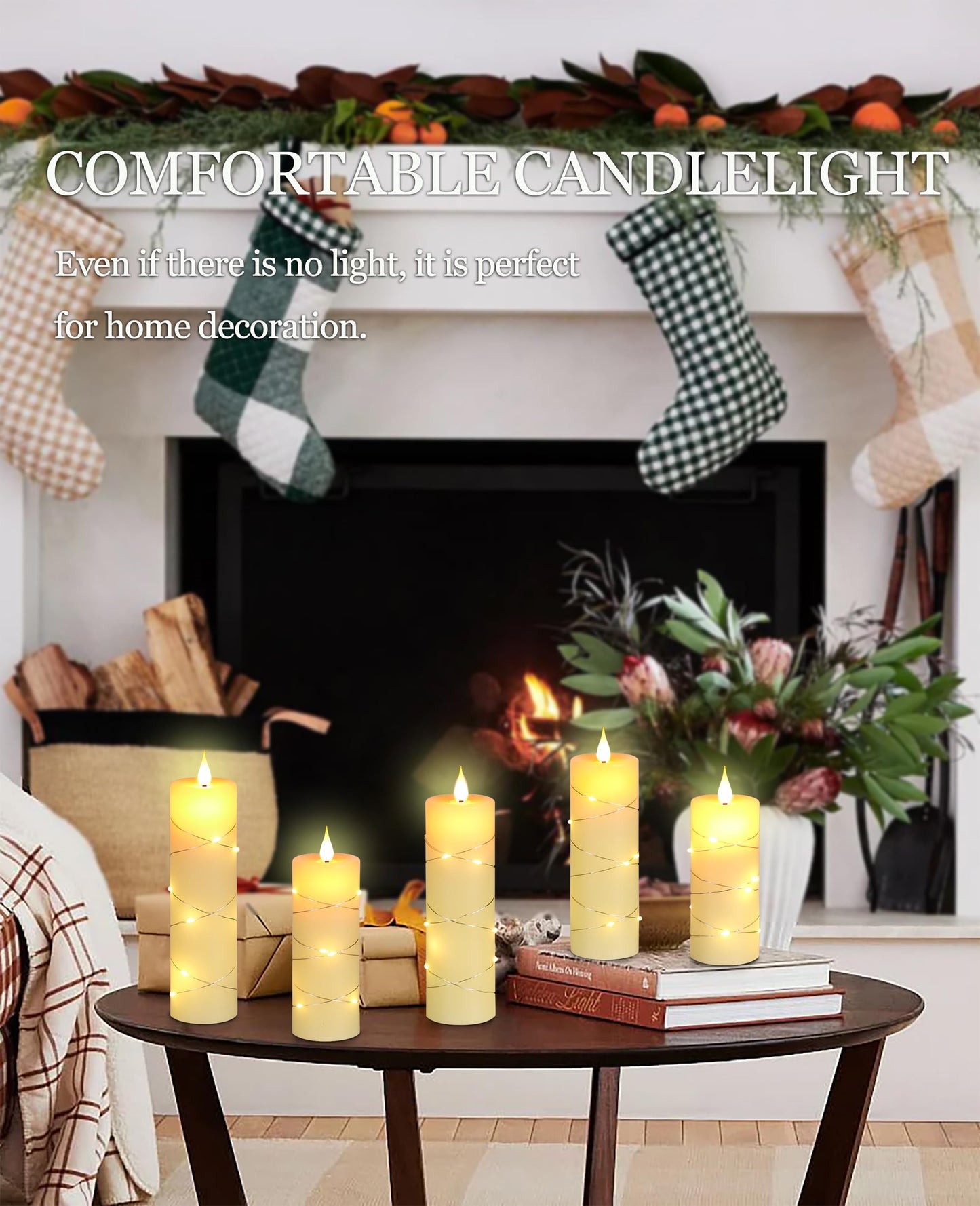 Da by 5 Pack Ivory Real Wax Flameless Taper Candles, Lifelike Flickering LED Flame Candles with Surrounding Fairy String Lights, Battery Candles with Remote for Home Wedding Holiday Decor