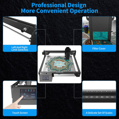 LONGER RAY5 130W Laser Engraver, 20W Output CNC Laser Cutter DIY Laser Engraving Machine, Exclusive 3.5" Touch Screen for DIY, Cutting Tool for Metal Colorizing, Wood, Acrylic, Leather, Glass