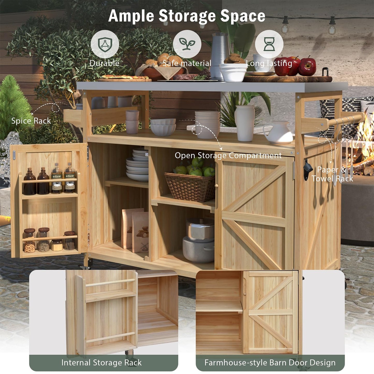 Waully 50.25" Outdoor Kitchen Island with Wheels for Food Prep, Strage, Bar, Rolling Outdoor Grill Table for Outside, Outside Cooking Table, Grill Carts, Cooking Station, Modular, Solid Wood, Natural