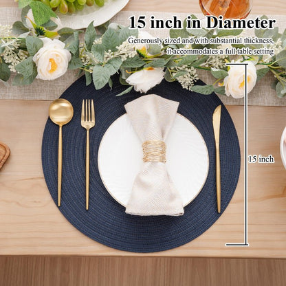 SHACOS Round Placemats Set of 6 Washable 15 inch Circle Polyester Woven Braided Place Mats for Dining Table Indoor Outdoor Table Mats Home Party Wedding Decor (Navy, 6)
