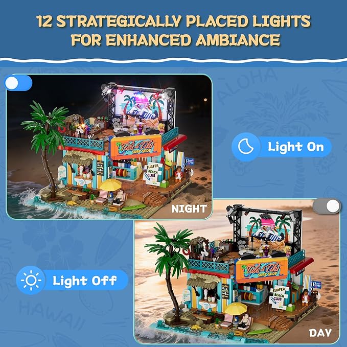 Surf Shop Lighting Building Bricks Set - Coast Club Modular Collection Display Kit with LED and Minifigures 1752 Pcs for Adults &amp Teens &amp Marine Enthusiasts