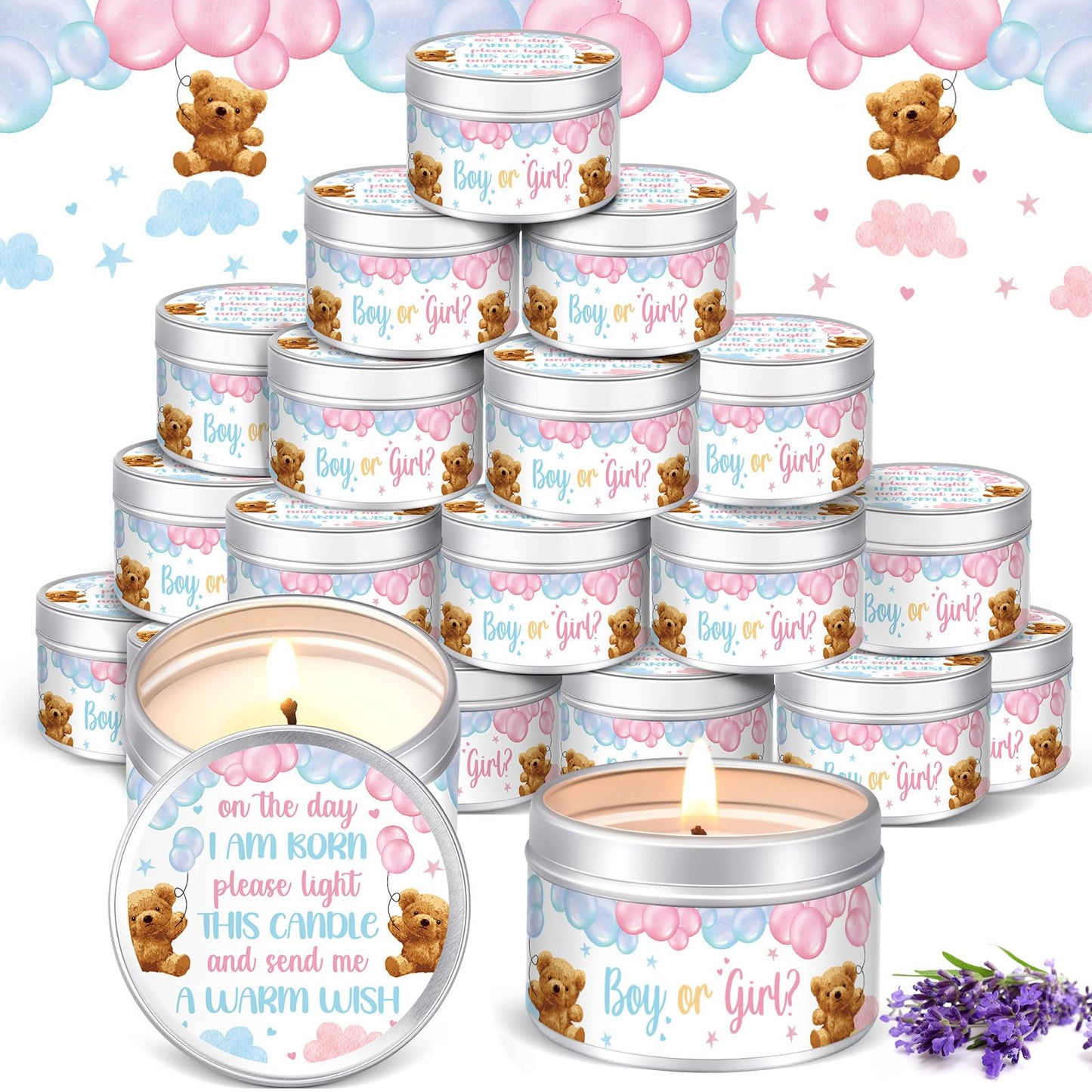 MTLEE 24 Pcs Gender Reveal Bear Baby Shower Party Favors Candles Lavender Scented Baby Shower Favors for Guests Rustic Tealights Candles Gender Reveal Return Gifts (1.2 oz, Blue and Pink)