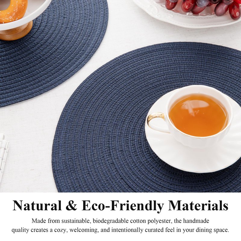 SHACOS 15 inch Round Placemats Set of 12 for Dining Table Braided Circle Place Mats Kitchen Table Placemat Washable Table Mats, Navy Blue