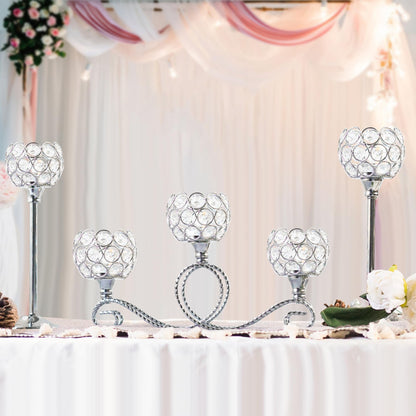 Silver 5 Arm Metal Crystal Tea Light Candle Holder, Elegant Wedding Table Centerpiece Candle Holder, Christmas Wishing Crystal Bowl Candle Holder Suitable for Wedding Party Living Room Decoration