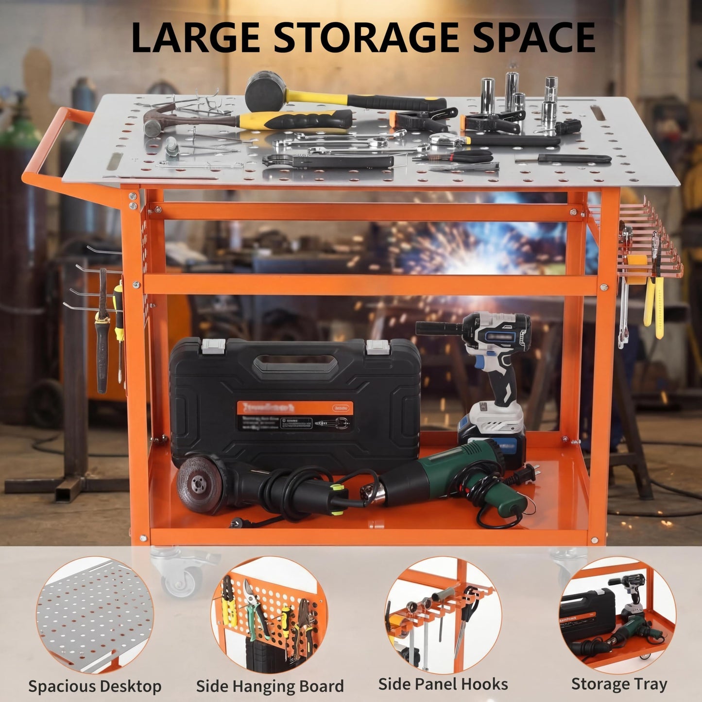 Welding Table, 36" x 24" Portable Welding Workbench, 800LBS Movable Garage Work Bench with 4 Wheels (2 with Brake) & 4 Leveling Feet, Double-Layer Storage Side Pegboard and Hooks