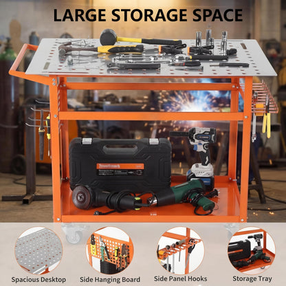Welding Table, 36" x 24" Portable Welding Workbench, 800LBS Movable Garage Work Bench with 4 Wheels (2 with Brake) & 4 Leveling Feet, Double-Layer Storage Side Pegboard and Hooks