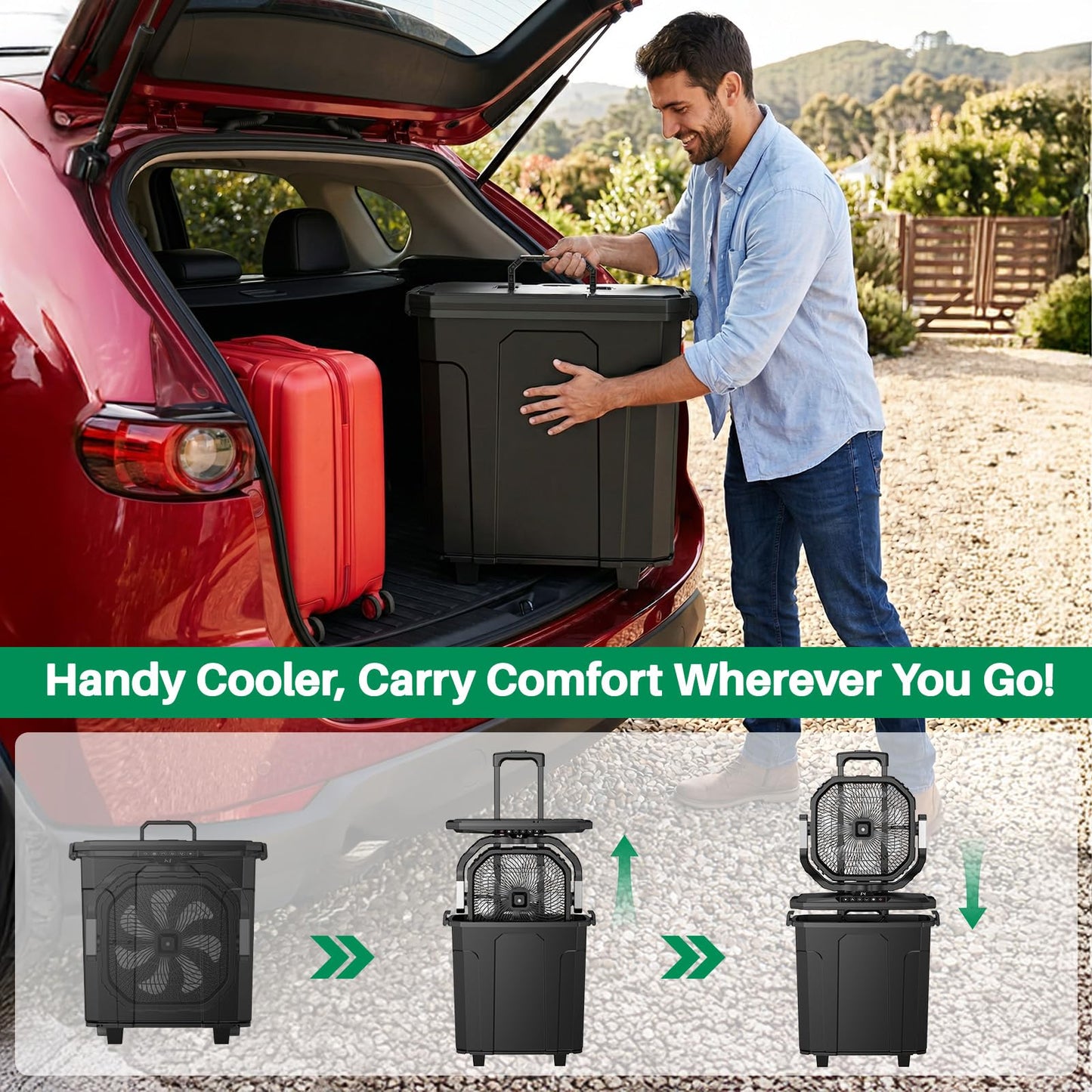 12" 20L Large Misting Fan Portable, 30000mAh Outdoor Oscillating Mist Fans for Outside Patios Cooling Fan, with Telescopic Handle & Rolling Wheel, LED Light, Timer, for Camping/Beach Summer Essentials