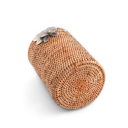 Vagabond House Wicker Rattan Utensil Holder, 8 Inches Tall, Large Kitchen Organizer with Pewter Orchid, Woven Boho Decor for Practicality and Style