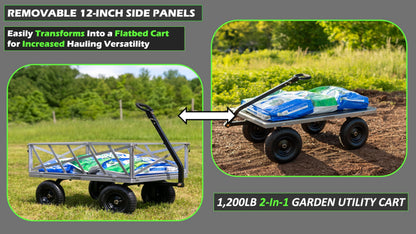 Yard Commander - Heavy Duty 1200lb Steel All Terrain Utility Cart, Garden Wagon, 9 cu ft Bed, Easy Assembly, Removable Side Panels, 45° Dump Angle, 2-in-1 Convertible Handle for Towing