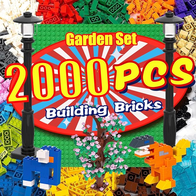 2000 Pieces Building Bricks Building Bulks Blocks with 1 Packs 24x24 Studs Sticky Plates400PCS Flowers and Tree/Grassland Creative Toy Blocks Compatible with All Major Brands 14 Shape/18 Color