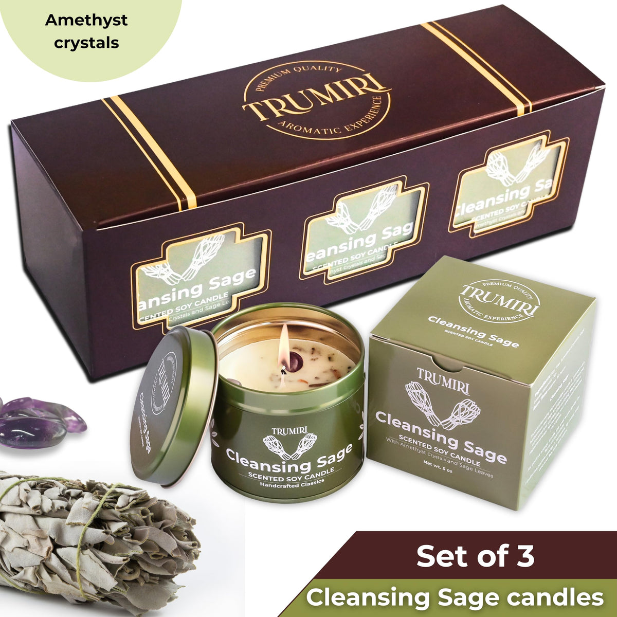 Sage Candle for Cleansing House Negative Energy - Pack of 3 x 5oz Soy Wax Natural Clean Organic Non Toxic - Aromatherapy Spiritual Meditation Gifts - Long Lasting Highly Scented Candel with Crystals