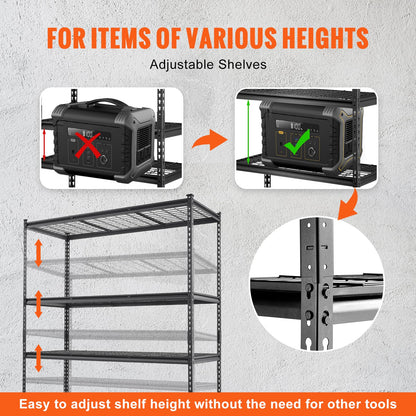 VEVOR Storage Shelving Unit, 5-Tier Adjustable, 2000 lbs Capacity, Heavy Duty Garage Shelves Metal Organizer Wire Rack, Black, 60" L x 24" W x 78" H for Kitchen Pantry Basement Bathroom Laundry Closet