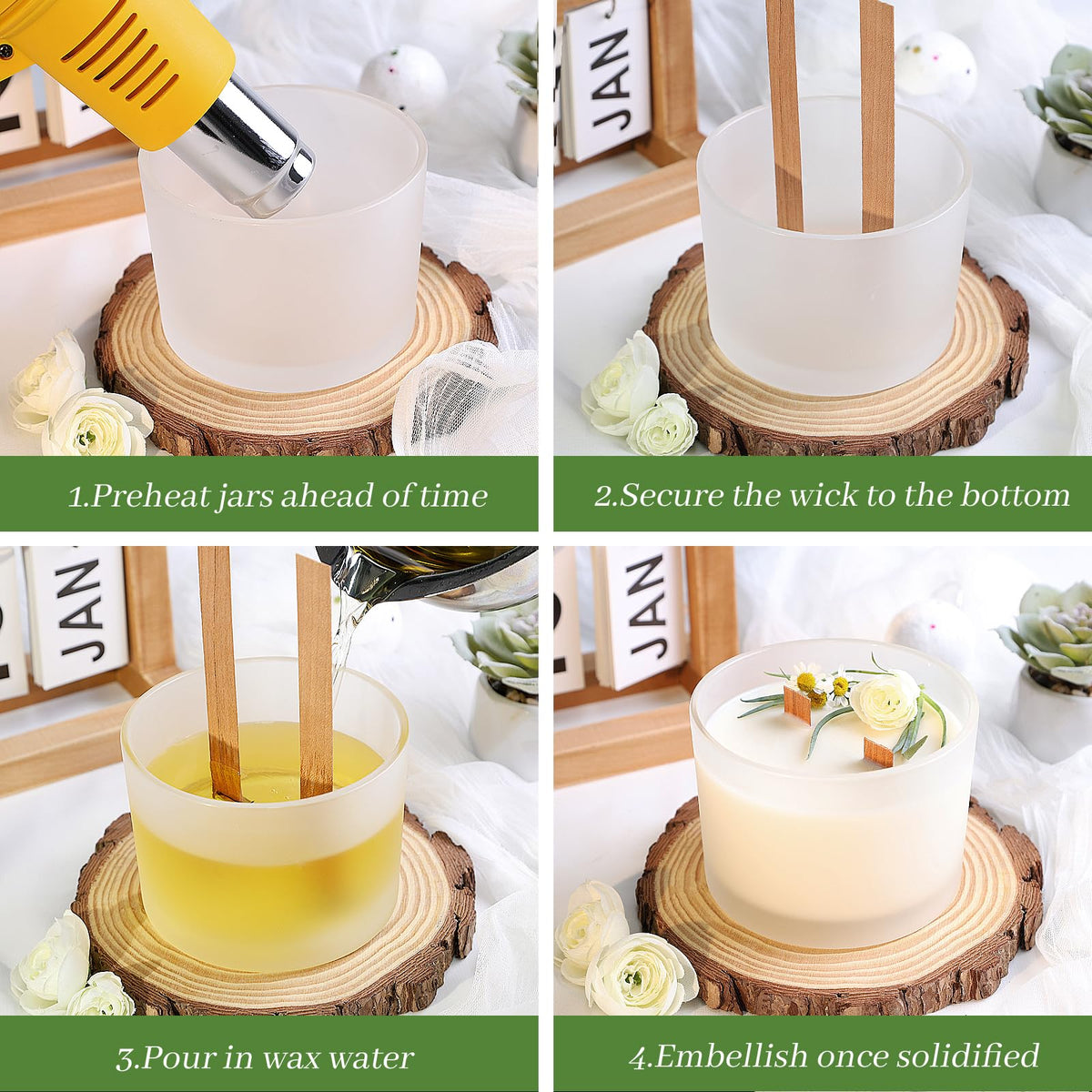 CONNOO 6-Pack 16 oz Candle Jars - 3-Wick Frosted Empty Glass Wide Mouth Candle Jars Come with Bamboo Lids, Sticky Warning Labels, and a Candle Wick Kit for Candle Making - Dishwasher Safe
