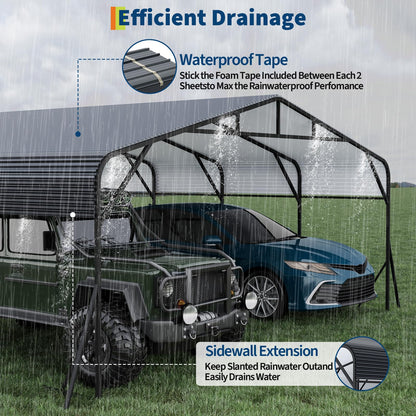 Metal Carport, Carport with Reinforced Base and Galvanized Steel Roof, Heavy Duty Garage Car Shelter Shade, Outdoor Car Port Canopy 20X25 ft