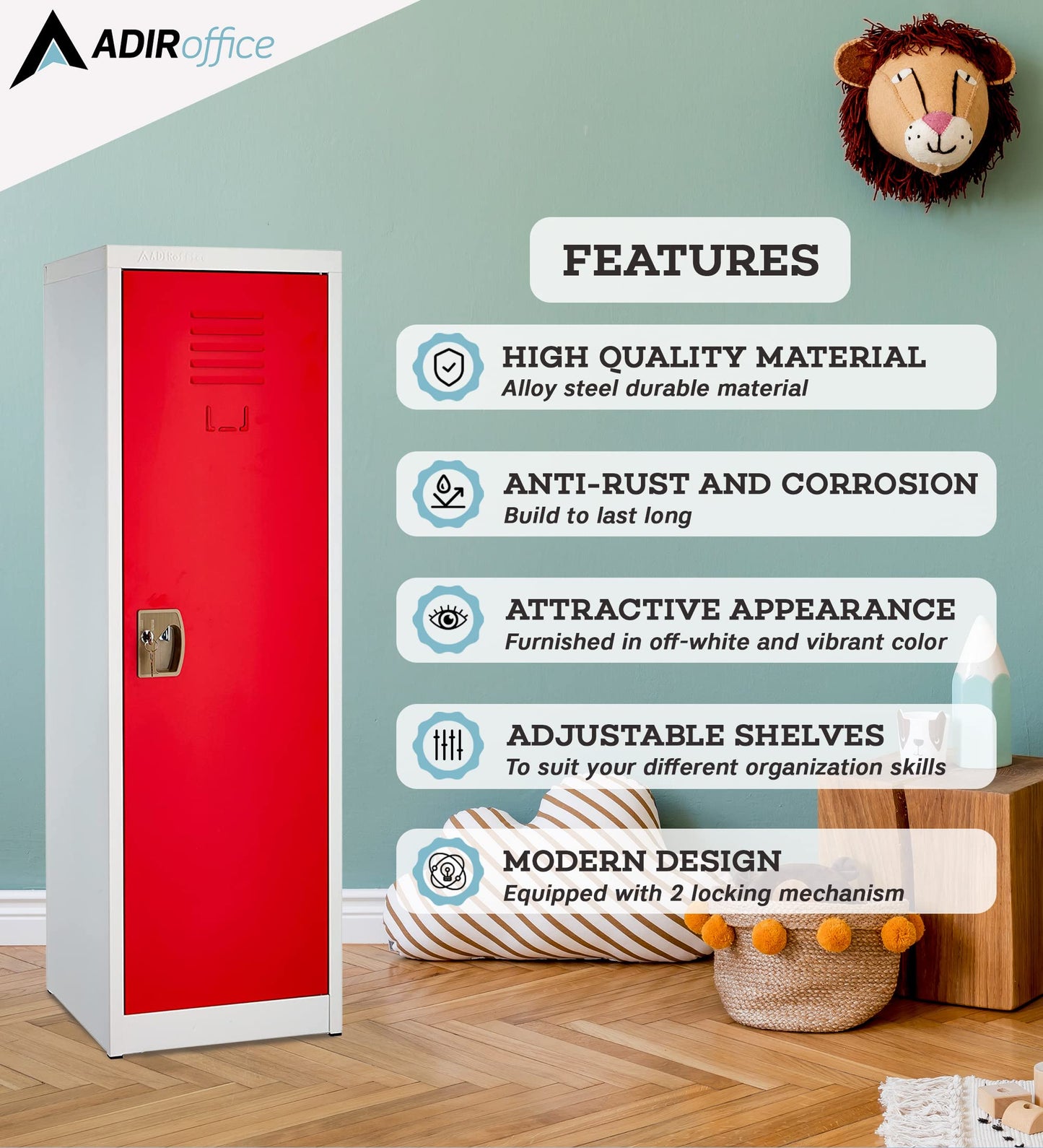 AdirOffice Kids Steel Metal Storage Locker - for Home & School - with Key & Hanging Rods (48 in 1 Door, Red)