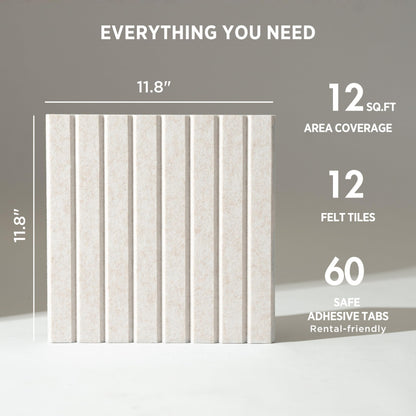 VIVELDA Felt Bulletin Board Tiles 48"x36" - 12-Pack Cork Board Alternative, OEKO-TEX Certified, NRC 0.95 Acoustic Wall Panels, Damage-Free Adhesive, Slatted Design, Home Office & Classroom (Limestone)