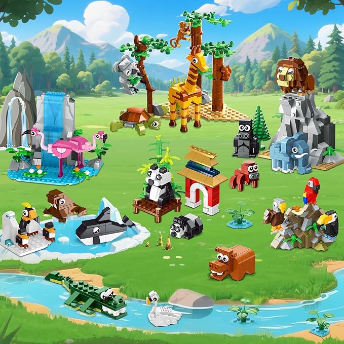 HOGOKIDS 25 Animals Zoo Building Set with Play Mat - 8 Pack Zoo Scene modules Blocks Toy for Easter Valentines Day Party Favors Classroom Prizes Fillers Birthday Gifts for Kids Boys Girls 6+ (1460PCS)