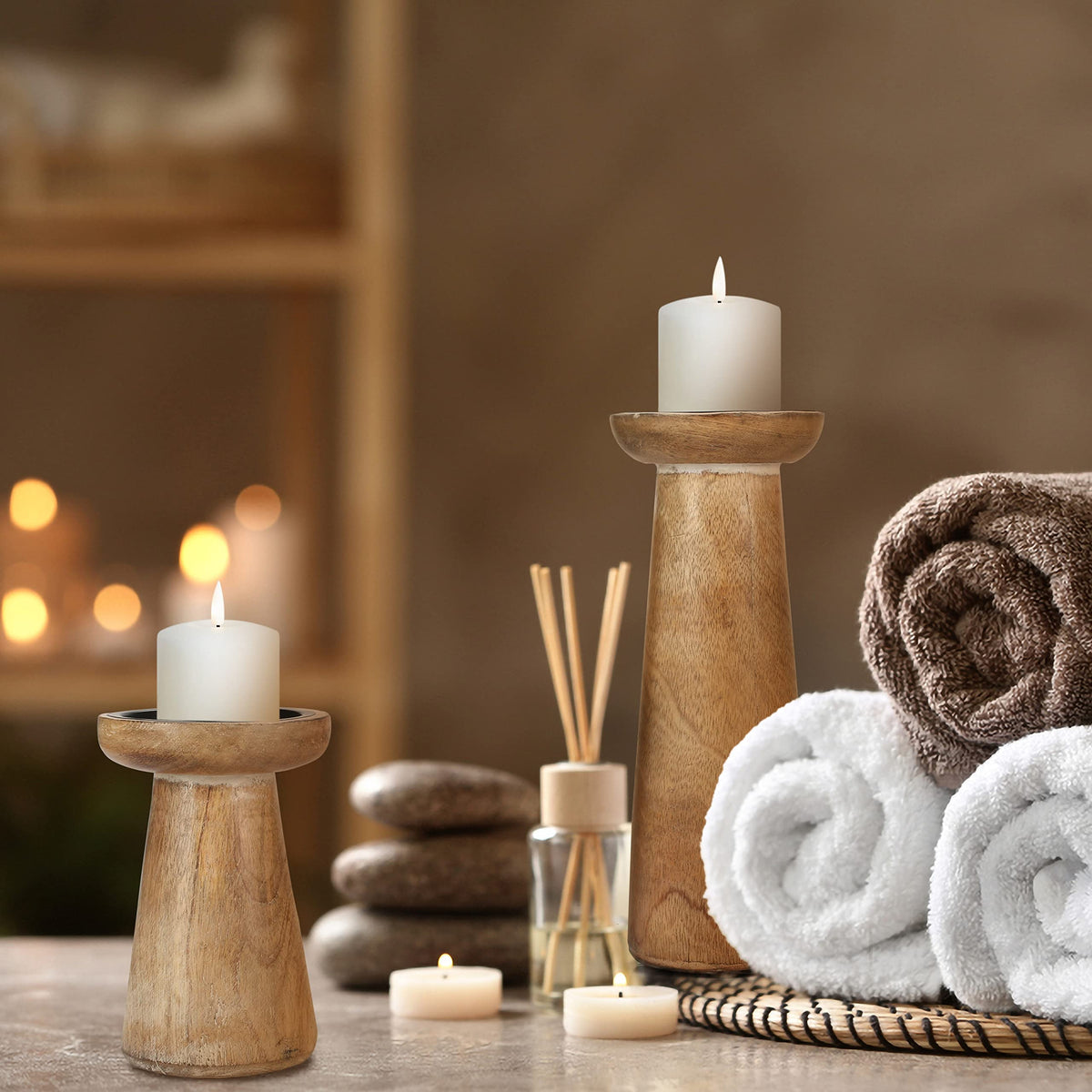 Hand Crafted Wooden Pillar Candle Holder Set of 3, Ideal for LED and Pillar Candle, Gift for Wedding, Christmas, Party, Home, Spa, Reiki, Aromatherapy, Votive Candle Garden - 10,8,6 Inch - White Wash