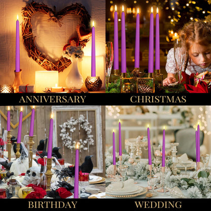 Macarrie 24 Packs Flameless Taper Candles Battery Operated Fake 11 Inch Long Candle Light LED Flameless Candlesticks Flickering Tapered for Wedding, Halloween, Christmas(Purple)