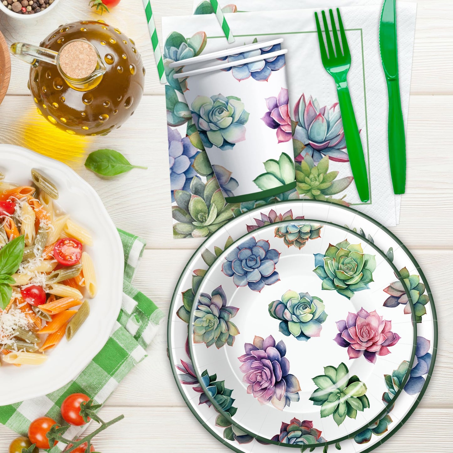 Xigejob Succulent Party Decorations Tableware - Succulent Party Supplies Dinnerware For Birthday & Baby Shower & Wedding & Bridal Shower, Paper Plate, Cup, Napkin, Tablecloth, Cutlery Straw | Serve 24