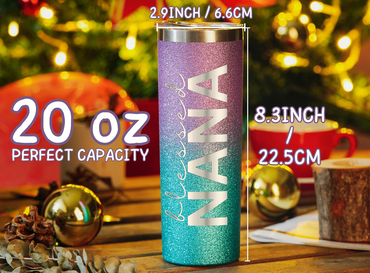 Onebttl Christian Grandma Gifts for Mother's Day, 20oz Purple & Blue Glitter Skinny Tumbler, Straw & Lid Included, Nana Gifts - Blessed Nana