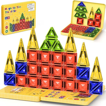 Mini Magnetic Tiles Travel Set - 40PCS Diamond Texture Magnetic Building Blocks for Kids 10% Thicker &amp Portable Yellow Metal Storage Box Montessori STEM Educational Toys Gift for Ages 3+