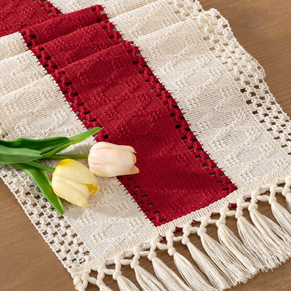 Socomi Boho Table Runner Easter Spring Farmhouse Rustic Dining Kitchen Centerpiece Decor Small Macrame Woven Cotton Linen Coffee Table Runner for Dresser Scarf Home Decor 12x72 in Red Ivory