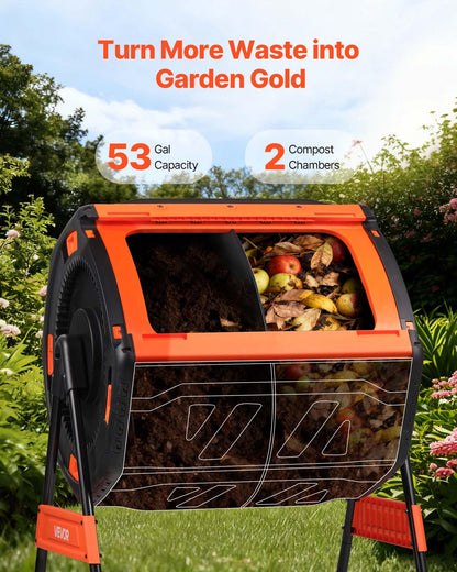 VEVOR Compost Tumbler, 53 Gallon Dual Chamber Outdoor Tumbling Composter with 2 Sliding Doors and Aeration System, Large Easy-Turn Rotating Composting Bin for Outside, Garden, Kitchen, and Yard Waste