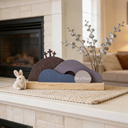 AOMOONOA Easter Empty Tomb Decor Set, He is Risen Resurrection Scene with Wooden Base, Religious Tomb Scene Easter Decoration for Christian Holiday Home Tabletop Decor