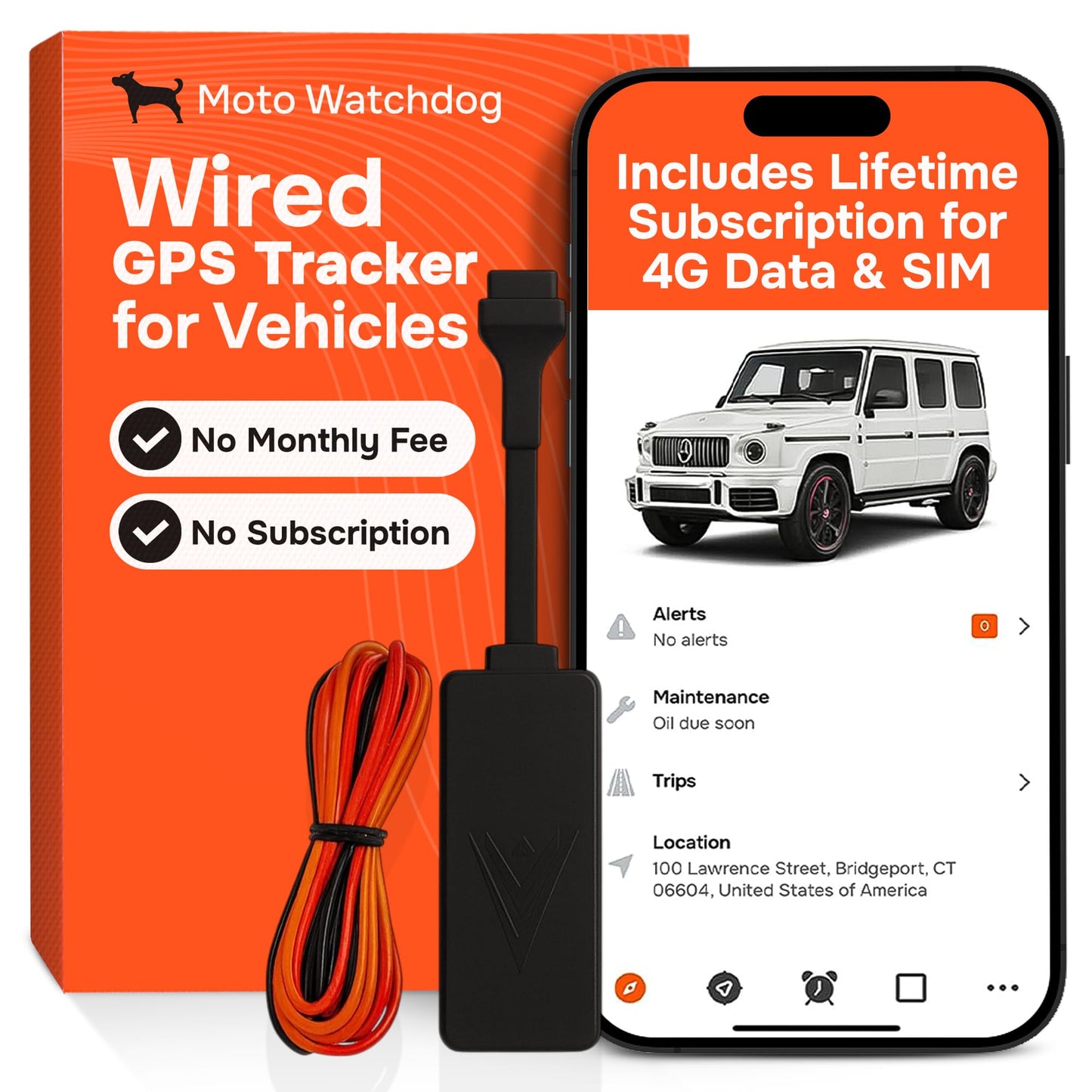 Wired GPS Tracker for Vehicles, No Subscription with Real-Time Location, Easy Install, Speeding Monitoring, Route History, Geofence, for Fleets & Families, USA, Moto Watchdog