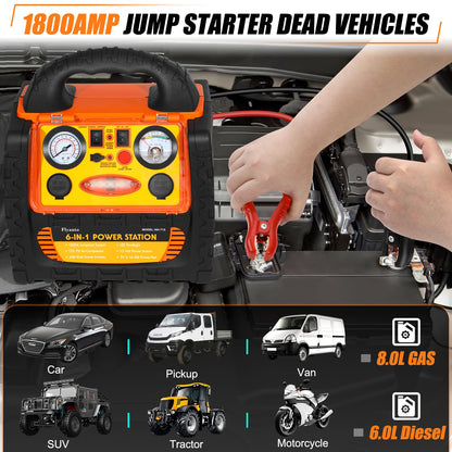 1800A Car Jump Starter with Air Compressor 150PSI,12V Portable Battery Jump Box (8.0L Gas/6L Diesel), Battery Booster with 400W Power Station AC/DC/USB