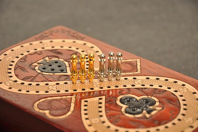 PALM ROYAL HANDICRAFTS 2 Track Cribbage Board Game Set with Magnetic Pull Drawer Playing Cards - Metal Pegs - Storage Available Travel Portable Cribbage Game Sets for Family. (Size - 6.5 x 4).
