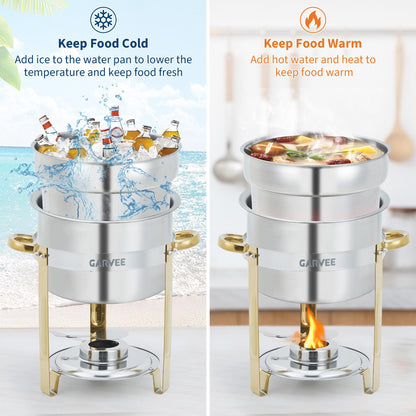 GarveeHome 7QT Round Soup Chafer Sets of 4, Commercial Soup Warmer with Pot, Notched Lids & Fuel Holders, Stainless Steel Food Warmer for Buffets Parties Wedding Banquets Catering, Gold
