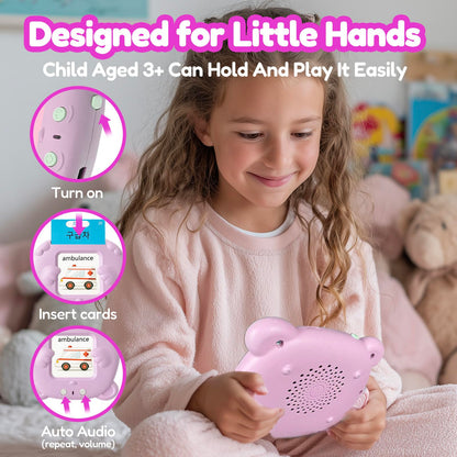 MoLingvora Bilingual Talking Flash Cards for Kids - Korean English Flashcards Children Adults, 510 Sight Words, ABC Alphabet, Pocket Speech for Toddlers, Audible Sensory Toys (Korean, Pink)