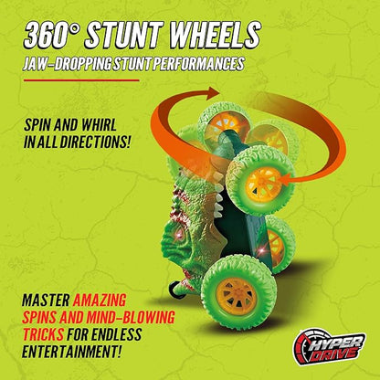 Hyper Drive RC Dinosaur Stunt Car - 360 Rolling Twister Light-Up Action Durable Remote-Control Toy for Boys and Girls Full-Function with Hand Controller Green