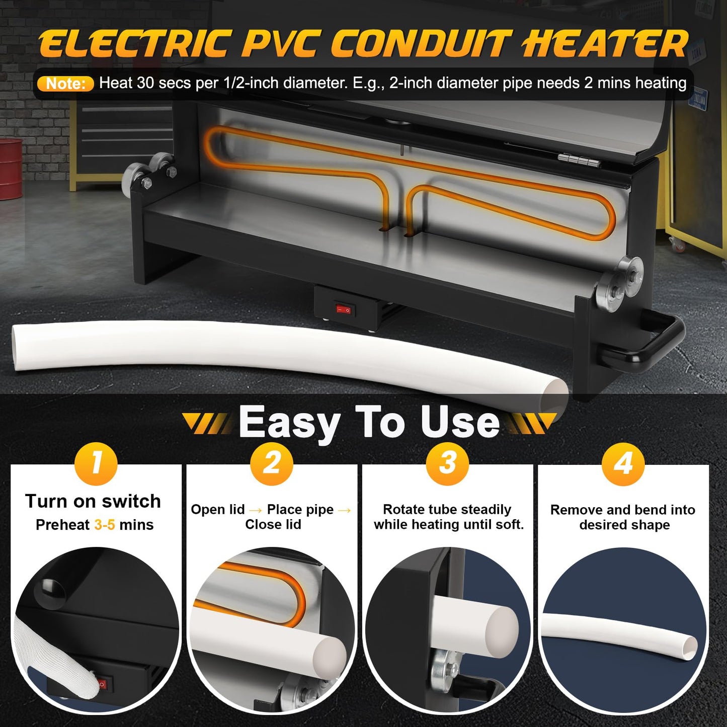 1/2“ to 2” Electric PVC Conduit Heater, PVC Bender Heater Pipe with Temperature Control & Safety Shutoff & Reflective Interior, 120V 1700W Fast Heating Bender for 24" Pipe Sections