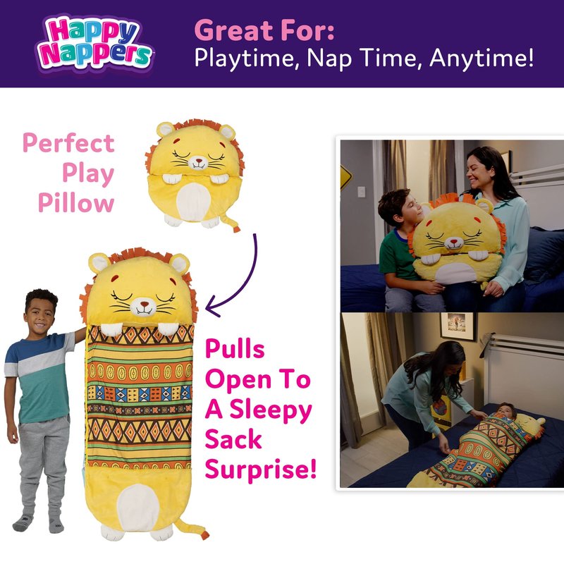Happy Nappers Pillow & Sleepy Sack- Comfy, Cozy, Compact, Super Soft, Warm, All Season, Sleeping Bag with Pillow- Lion (Medium)