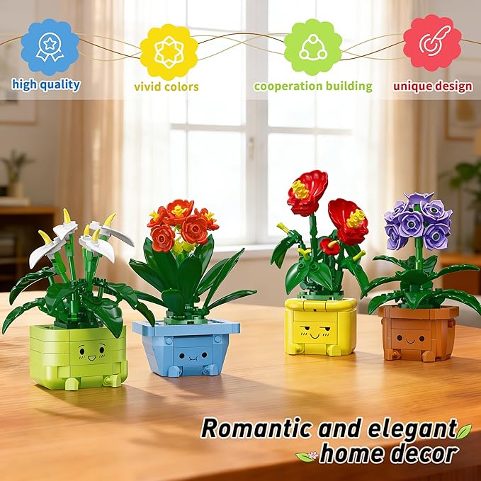 Flower Building Kit for Adults 614 Pcs Happy Plants Flowers Set Succulents Botanical Collection for Home Office Décor Gift for Valentine's Day for Her/Girlfriend/Mom/Wife/Couple/Women