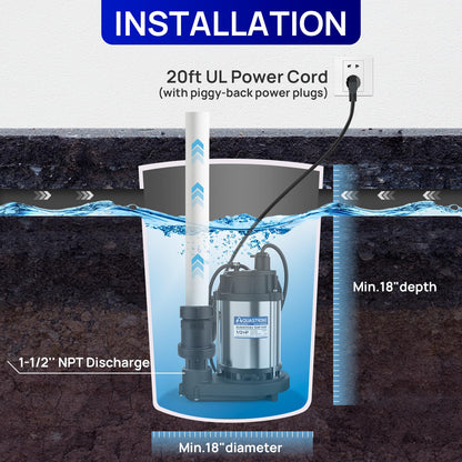 AQUASTRONG 1/2 HP Sump Pump, 3450 GPH Stainless Steel and Thermoplastic Submersible Water Pump, Automatic Float Switch with Piggy-back Plug,1-1/2" NPT Discharge Subpumps for Basement and Flooding Area