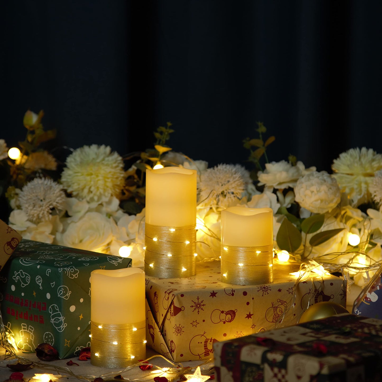 H-BLOSSOM Flickering Flameless Candles Ivory Real Wax Pillar with Embedded String Lights LED Candles Battery Operated with 10 Key Remote and Cycling 5H Timer Set of 3 (3" x 4"/5"/6") (Gold)