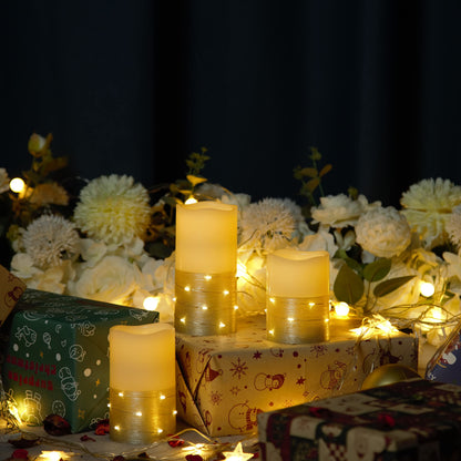 H-BLOSSOM Flickering Flameless Candles Ivory Real Wax Pillar with Embedded String Lights LED Candles Battery Operated with 10 Key Remote and Cycling 5H Timer Set of 3 (3" x 4"/5"/6") (Gold)