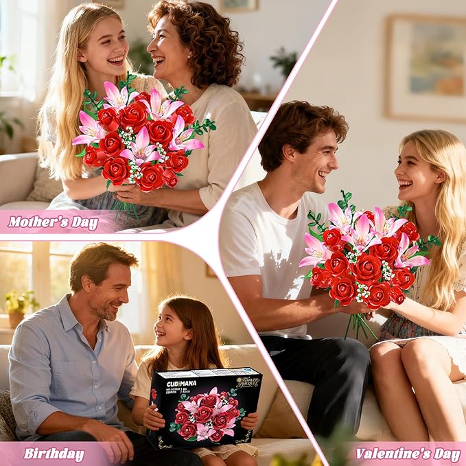 Rose Flower Bouquet Building Set with LED - Red Rose Botanical Collection Building Block Set for Adults Pink Lilies Artificial Plant for Home Decor Easter Gifts for Her Women Girls