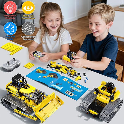 zinat 3 in 1 STEM Remote Control Bulldozer Building Set DIY Engineering Construction Kit with APP &amp Remote Educational Robot Blocks Toy Birthday for Kids Teens Adults - 452 Pcs