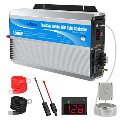 2200Watt Pure Sine Wave Solar Power Inverter with 20A Solar Charger Controller PWM and Wired Remote for Solar Setup RVs Camper Truck