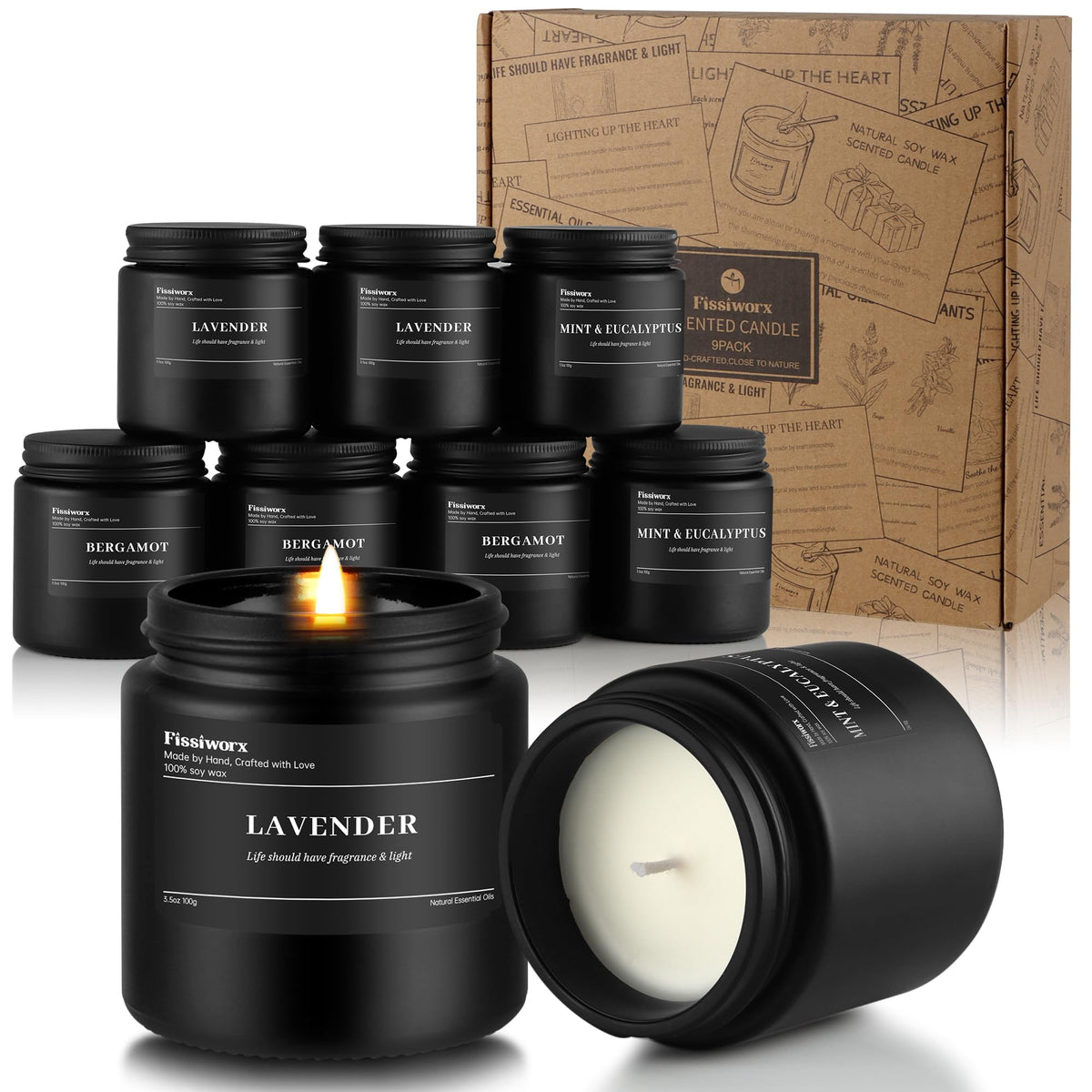 9 Pack Scented Candles Set Gifts for Men, Aromatherapy Candle Set with Scents （Lavender/Lemongrass &Eucalyptus/Bergamot）- Gift for Dad, Boyfriend, Birthday, Father’s Day, Anniversary