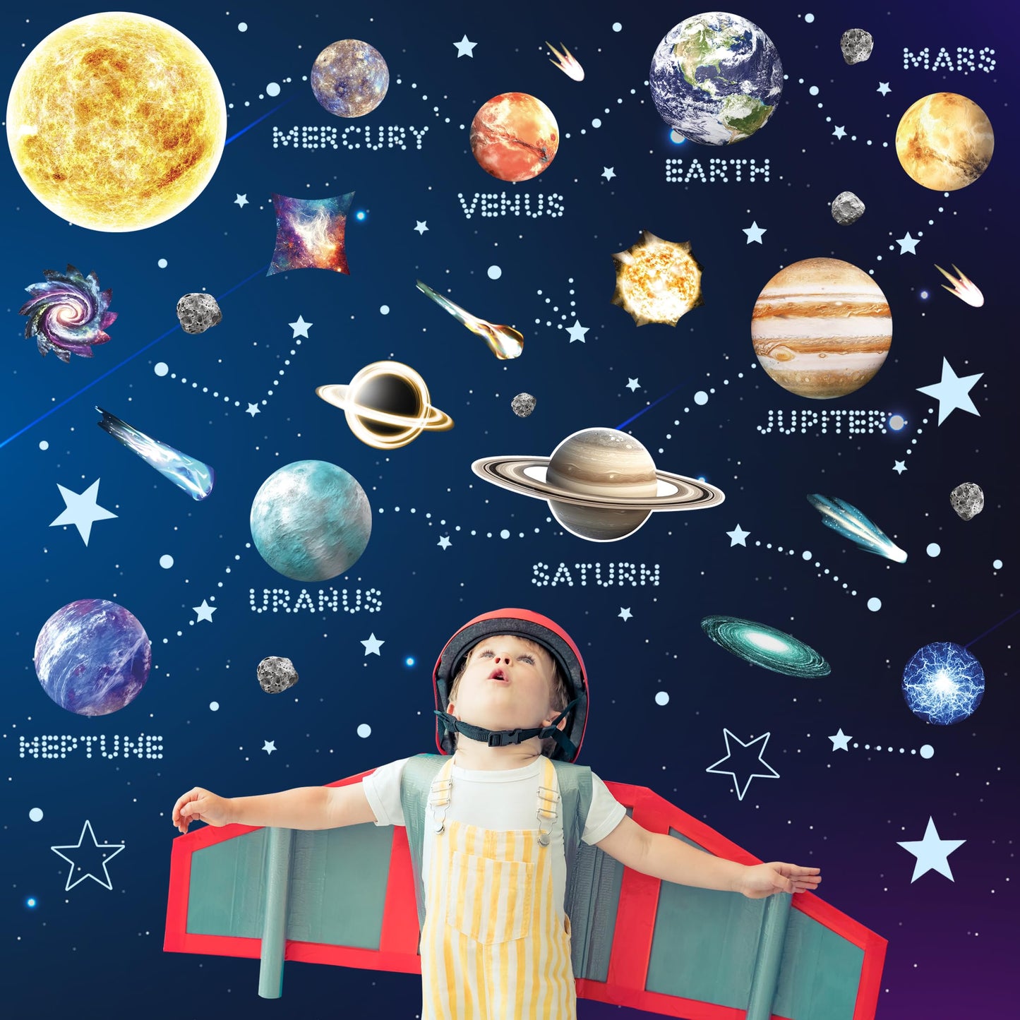 Glow in The Dark Stars and Planets for Ceiling, Robmoda Glow Solar System Wall Stickers, Space Wall Decals for Kids Boys Room (Blue)