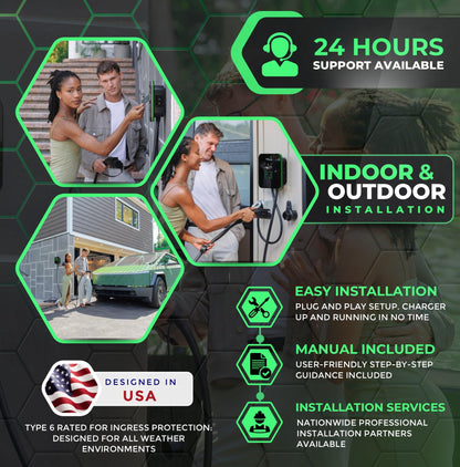 MACH 2:Fast Level 2 EV Charger 48 amp Garage-pro wall-Mount. Electric Vehicle Charging Station 4 Nema 14-50 Outlet. J1772 car Connector. Key Accessories: 30ft Cable & Tesla NACS evse Portable Adapter