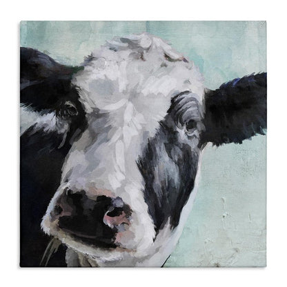 Stupell Industries Gentle Farm Cow Painting on Blue XL Stretched Canvas Wall Art, 30 x 1.5 x 30, Proudly Made in USA, Multi-Color