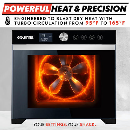 Gourmia Digital Food Dehydrator – 6 Stainless Steel Trays, 360° Airflow, One-Touch Presets, Adjustable Temp 95–165°F, Timer, Glass Door, Quiet Operation, 600W – Healthy Snacks, Jerky, Fruits & More