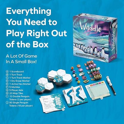 Allplay Waddle Board Game for Adults and Families - Connect Groups of Penguins to Claim The Most Fish - 1-Minute to Teach in A Small Box - 15 Min 2-5 Players Ages 7+